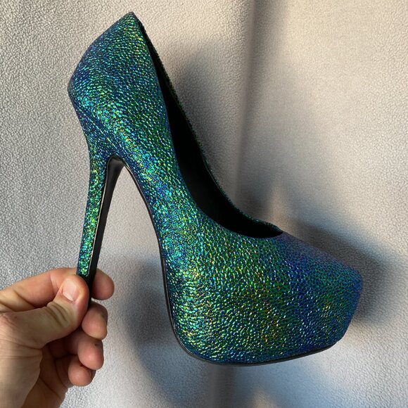Steve Madden “Deja Vu” Iridescent Green Blue Platform Pumps | Size 8M | Glitter - Picture 4 of 8